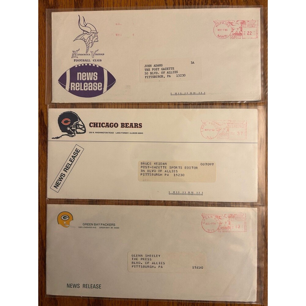 Rare NFL lot of 3 press release envelopes 1970s 1980s Packers Vikings Bears